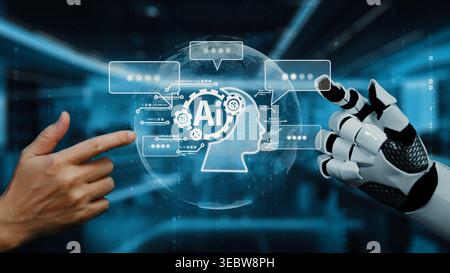 A human hand and a robotic hand engage in interaction, highlighting the role of artificial intelligence in a futuristic digital environment filled Stock Photo
