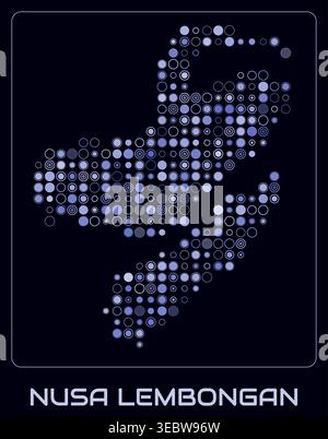 Nusa Lembongan digital style map. Large circle dots on dark background. Dotted shape of the island. Nusa Lembongan map and title. Stock Vector
