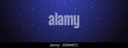 Abstract tech background with blue hexagon grid and glowing lines. Futuristic digital mesh with light particles. Wide cyber network pattern for modern Stock Vector
