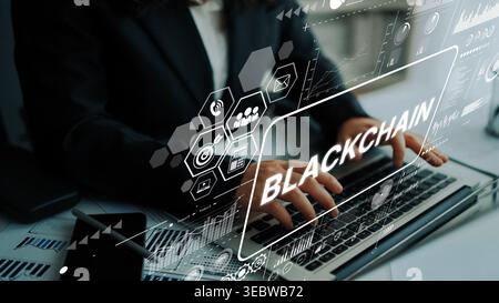 Business Professional Engaging with Blockchain Technology in Modern Office Environment. Asymptotic smart data analytic. Stock Photo
