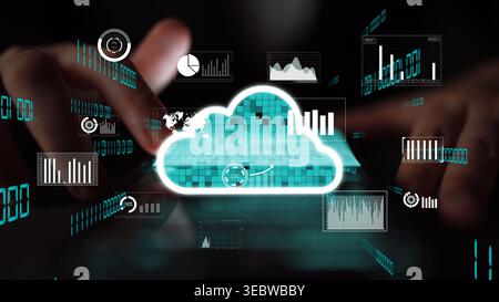 A conceptual image illustrating cloud computing technology with dynamic data visualizations, graphs, and user interfaces prominently displayed on a Stock Photo