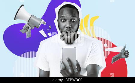 Shocked Black Man Reading Surprising Message on Phone Over Blue Background With Colorful Shapes Stock Photo