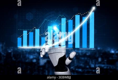 A futuristic robot hand interacts with a glowing financial growth graph, representing advanced data visualization concepts in technology and business Stock Photo