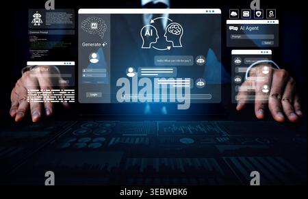 Explore a modern digital workspace featuring a futuristic user interface with AI chatbot interaction, showcasing advanced technology in data analysis Stock Photo