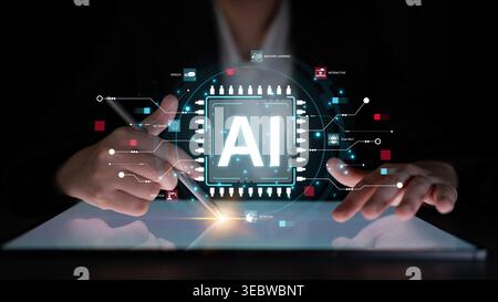 A technical diagram illustrating the core capabilities of Artificial Intelligence. This includes machine learning, robotics, speech recognition, and Stock Photo
