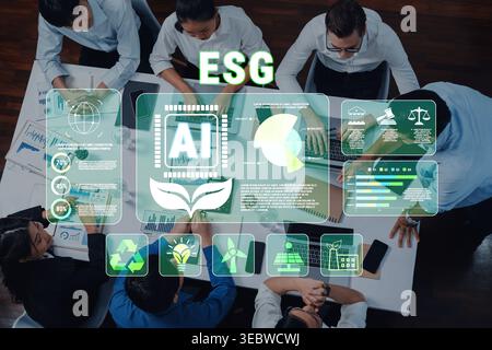 Business Team Collaborating on ESG Strategies with Artificial Intelligence Data Visualizations in Modern Office Setting Quark. Stock Photo