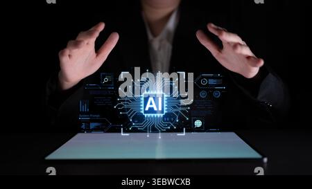 A futuristic AI core processor and system analytics dashboard. This concept highlights the raw processing power of AI for deep data analysis, system Stock Photo