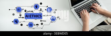 This illustration presents the concept of AI ethics while highlighting key aspects such as safety, privacy, and legality as a person interacts with a Stock Photo