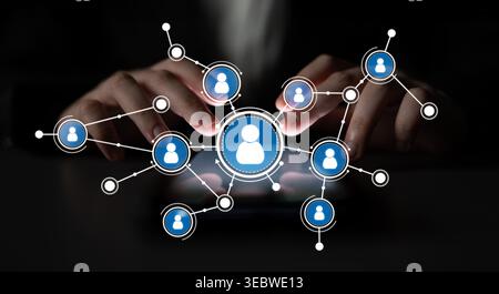 Modern digital communication network highlights user connections through technology. A visual representation of online interaction and collaboration Stock Photo