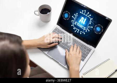 AI ethics responsibility standard law and rules on computer screen provide report of AI ethic transparency preventing technology crime. brisk Stock Photo
