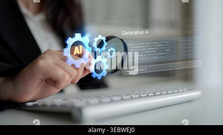 A futuristic concept of an enterprise Artificial Intelligence platform. This system uses machine learning for business automation, data analysis, and Stock Photo