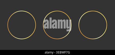 Gold golden frame ring set. Gold circular round frame line glitter luxury thin outline border. Whimsical doodle sparkle light metal effect for wedding logo decoration. Vector illustration Stock Vector