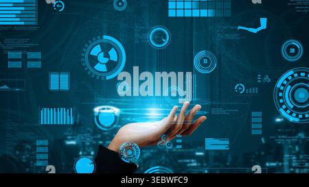 A dynamic scene featuring a human hand holding glowing digital elements representing data analytics and technology, emphasizing innovation and Stock Photo