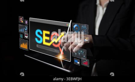 SEO concept for improving SEO visibility, with SEO related digital tools and SEO performance icons shown in an focused layout for strategic marketing Stock Photo