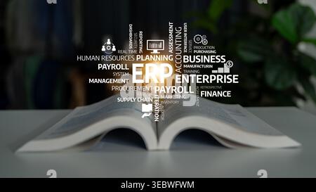 An open book on a table showcases various concepts related to enterprise resource planning, highlighting the key aspects of business management and Stock Photo