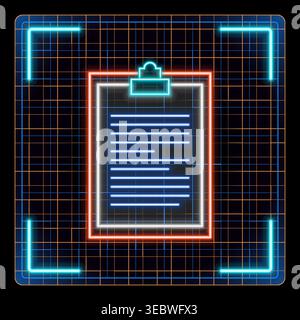Clipboard with a piece of paper and a blue clip icon illustration. Futuristic tech glowing neon illustration, editable strokes. Stock Vector
