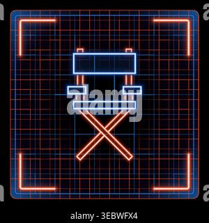 Professional film director chair, film production and movie making icon illustration. Futuristic tech glowing neon illustration, editable strokes. Stock Vector