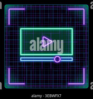 Multimedia video player illustration, simple interface, play button and progress bar. Neon glow editable stroke icon design collection. Stock Vector