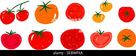 Hand drawn tomato set. Red tomatoes doodle collection. Organic healthy food bundle for restaurant, cooking recipe. Italian fresh farm vegetable sketch element pack. Vector illustration Stock Vector