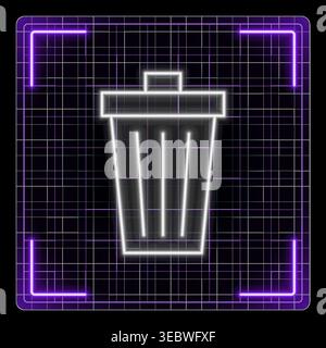 Trash can icon, bin, recycle, web trash, delete button. Glowing neon icon with border grid vector, editable strokes graphic style. Stock Vector