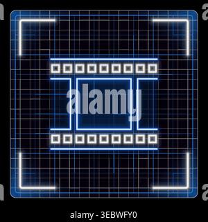 Old film strip reel icon, cinema movie roll with frames, camera film strip illustration. Glowing neon icon with border grid vector, editable strokes g Stock Vector