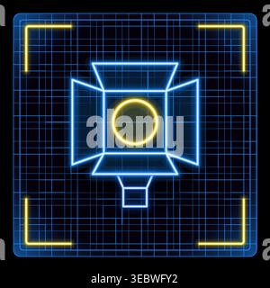 Professional movie photography studio spotlight, barn doors equipment. Futuristic tech glowing neon illustration, editable strokes. Stock Vector