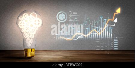 A light bulb filled with gears symbolizes innovative ideas and growth, complemented by dynamic graphs and data visualization against a textured Stock Photo