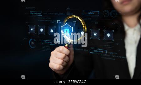 A concept of an advanced cybersecurity system. The futuristic interface shows a multi-factor authentication process using a secure password or PIN for Stock Photo