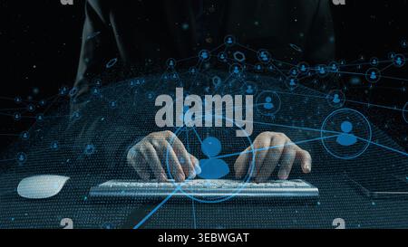 This image depicts a hands-on keyboard in a digital environment, symbolizing modern communication networks and technology that enhance connectivity Stock Photo
