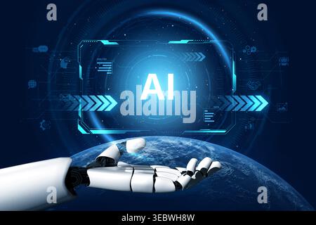 A self-aware AI assistant displays its central processing hub on a futuristic interface. This generative technology demonstrates its capabilities in Stock Photo