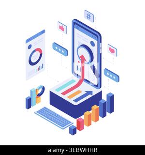Isometric Digital Dashboard for Social Media Analytics and Trend Monitoring. Social Media Trend Monitoring Concept Stock Vector