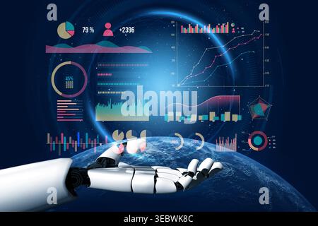 A futuristic robot hand expertly displays a variety of data analytics, featuring colorful graphs and charts over a blue Earth background, symbolizing Stock Photo