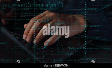 Close-up of hands typing on a keyboard with a backdrop of digital code and programming, symbolizing the world of technology and software development Stock Photo