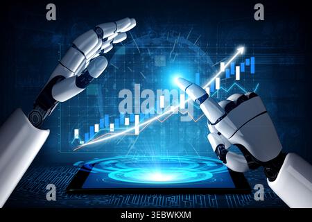 This captivating image features futuristic robot hands engaged in data analysis on a digital screen, showcasing various graphs and charts, symbolizing Stock Photo