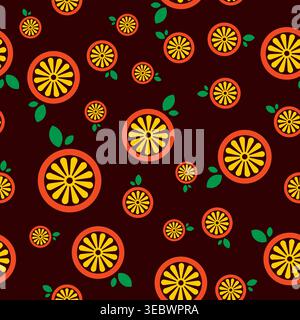 Orange seamless pattern design. slices of ripe oranges with green leaves background. Summer fruits theme wallpaper Stock Vector