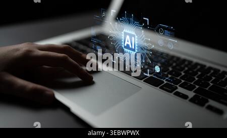 A futuristic AI core processor and system analytics dashboard. This concept highlights the raw processing power of AI for deep data analysis, system Stock Photo
