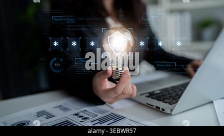 A concept of an advanced cybersecurity system. The futuristic interface shows a multi-factor authentication process using a secure password or PIN for Stock Photo