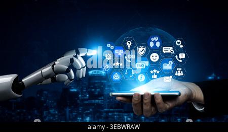 Artificial intelligence assists online help and FAQ services, answering questions, guiding customers, and improving support efficiency through smart Stock Photo