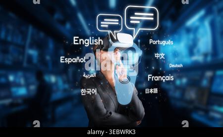 Explore the dynamic intersection of AI and virtual reality, showcasing advanced language translation technology for seamless global communication and Stock Photo