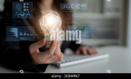 A futuristic cybersecurity dashboard for a Security Operations Center (SOC). The system monitors the network, analyzes data for threats, and provides Stock Photo
