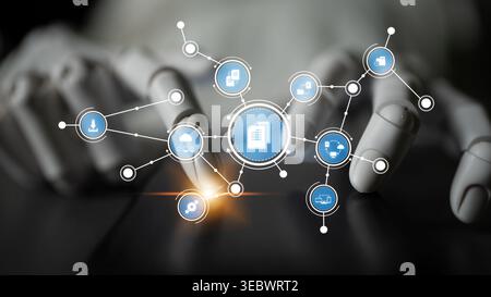 A close-up of a robot hand interacting with a digital interface, showcasing various technology-related icons that symbolize innovation and Stock Photo