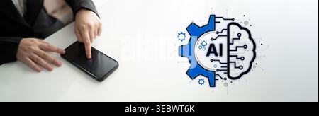 Concept of Artificial Intelligence combining industrial automation with cognitive technology. A machine learning brain processes information to Stock Photo