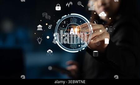 The role of AI in FinTech and modern business. A concept of using artificial intelligence for banking, investment, and data analysis solutions. Motif Stock Photo