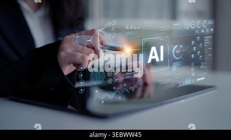 A futuristic AI dashboard for business intelligence. This platform showcases advanced data analytics, processing complex information into visual Stock Photo