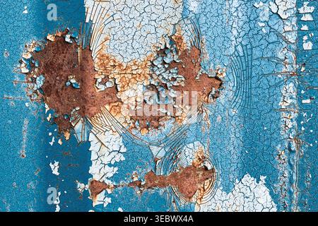 The side of a dark blue shipping container featuring damaged and peeling paint with rusty metal underneath. Stock Photo