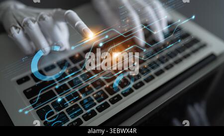 AI assistant presenting a business strategy workflow on a futuristic dashboard. The system provides data analysis and insights for project management Stock Photo
