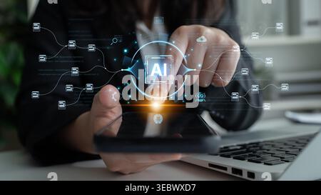 An AI-powered system for automating data workflows. The central intelligence processes and distributes information, managing complex data pipelines as Stock Photo