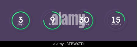 Green line neumorphism countdown timer set on dark background Stock Vector