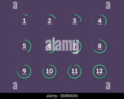 Green line neumorphism countdown timer set on dark background Stock Vector