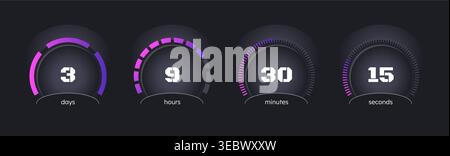 Purple gradient with radial dots countdown timer set on dark background Stock Vector